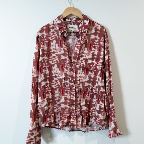 CORRIDOR Lyocell Tie-Dye Long Sleeve Shirt Coral Red L EUC - Picture 2 of 4